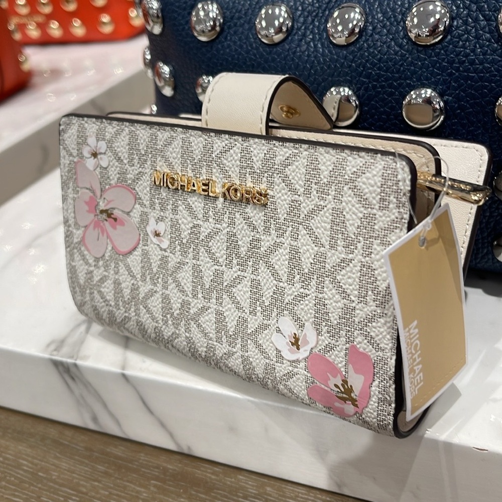 Michael Kors Jet Set Md Floral Embellished Sign Logo Bi-fold Wallet Bifold ZP - Picture 3 of 16